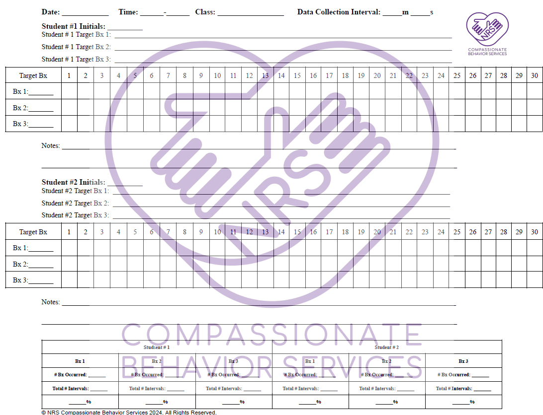 Multiple Students Observation Interval Data Sheet